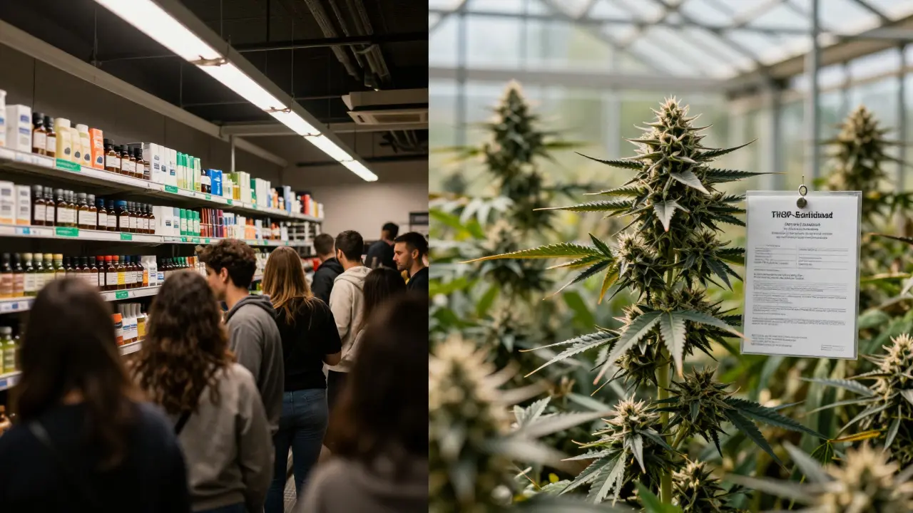 Vergleich: überladene Ladenregale mit künstlichem THCP vs. natürliche Pflanzen in einem Gewächshaus.