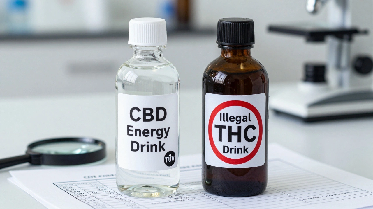 Vergleich von legalem CBD-Getränk und illegalem THC-Getränk auf Labortisch
