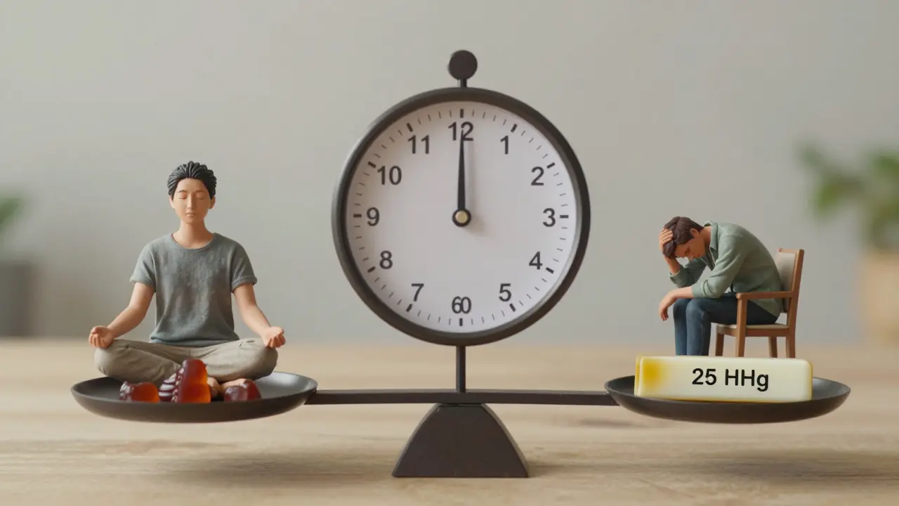 Waage zeigt niedrige vs. hohe HHC-Dosis mit unterschiedlichen Wirkungen, Uhr zeigt Zeitverlauf der Wirkung.