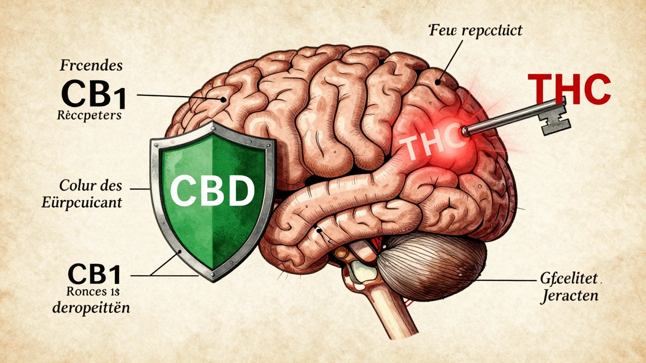Wissenschaftliche Gehirnzeichnung mit CBD, das CB1-Rezeptoren blockiert, und THC, das sie aktiviert.