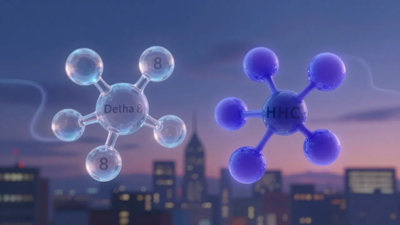 Zwei abstrakte Cannabinoid-Moleküle in blau und indigo schweben über einer Stadtlandschaft.