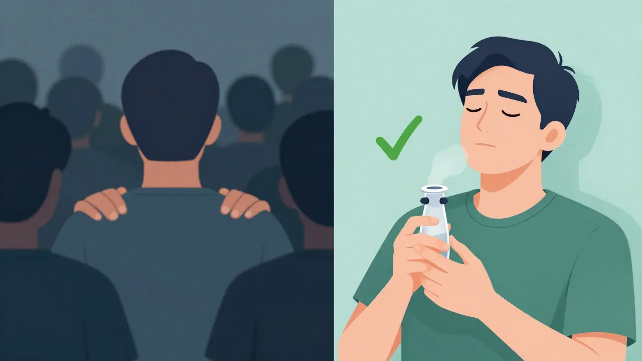 Zweiteilige Darstellung: links gestresst in einer Menschenmenge, rechts entspannt mit Vaporizer – symbolisch für Beruhigung.