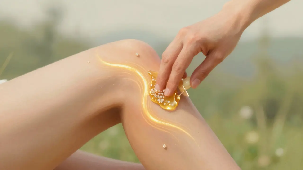 CBD-Salbe wird auf ein schmerzendes Knie aufgetragen