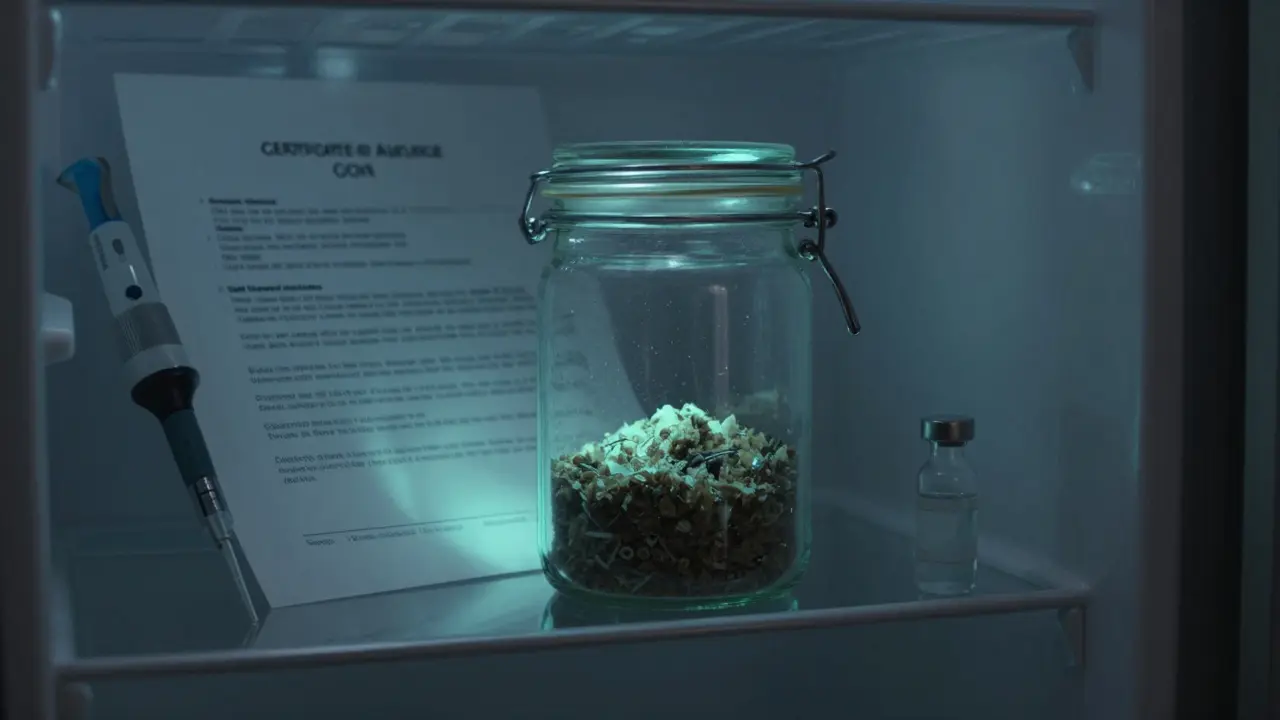 CBD-Shatter im Kühlschrank mit Laborzertifikat, symbolische Reinheit