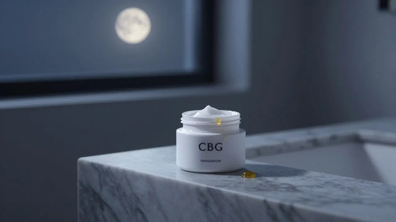 CBG-Creme-Glas auf Waschbecken, ein Tropfen goldenes Serum, Mondlicht, ruhige Nachtatmosphäre