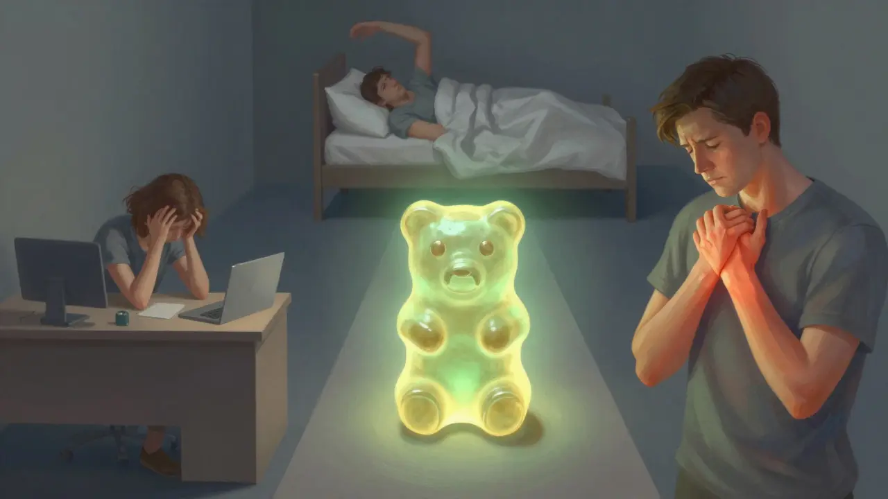 Drei Lebensbereiche — Stress, Schlaf, Schmerz — vereinen sich in einem sanft leuchtenden CBD-Gummibärchen.