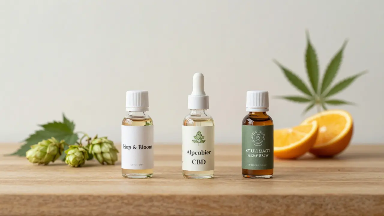 Drei Marken cannabis Bier auf Holztisch mit natürlichen Zutaten.