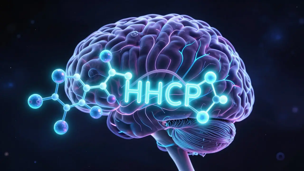 Ein Gehirn mit hell leuchtenden Rezeptoren, die HHCP-Moleküle binden.