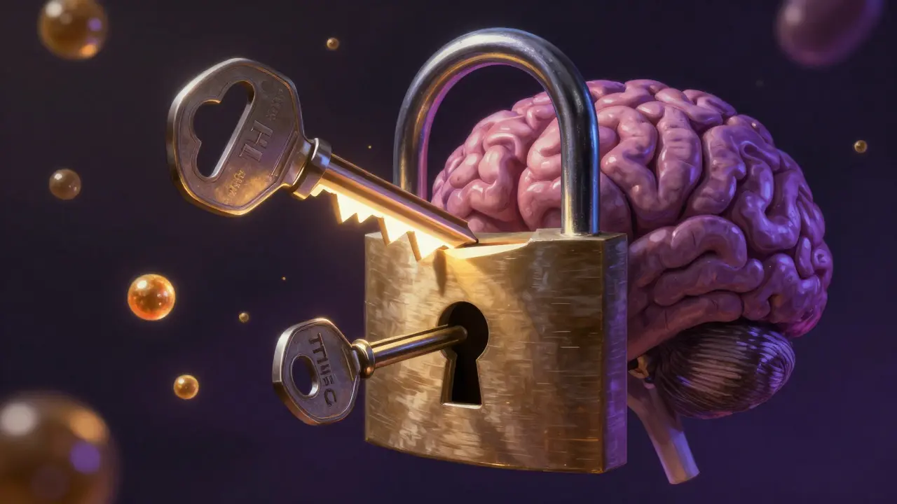 Ein Schlüssel mit 17 Zähnen öffnet einen Gehirn-Rezeptor, während ein kleinerer Schlüssel versagt.