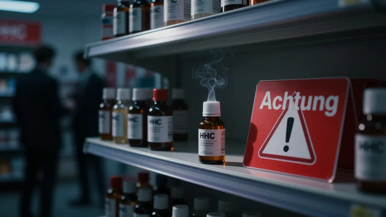 Eine Apothekenregal mit wenigen HHC-Produkten und einer Warnung, düstere Stadtatmosphäre im Hintergrund.