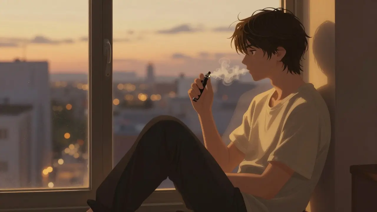 Eine Person entspannt am Fenster bei Dämmerung mit einem leichten Nebel aus einem Vape.