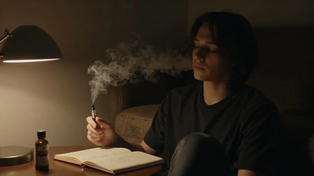 Eine Person in ruhiger Umgebung, nach HHCP-Einnahme, in Gedanken versunken.