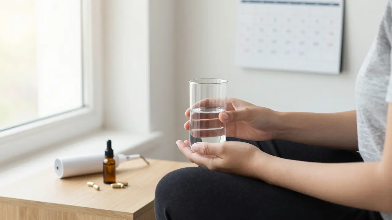 Eine Person mit einem kleinen Bong und alternativen Konsumformen wie Öltropfen und Kapseln, in sanftem Morgenlicht.