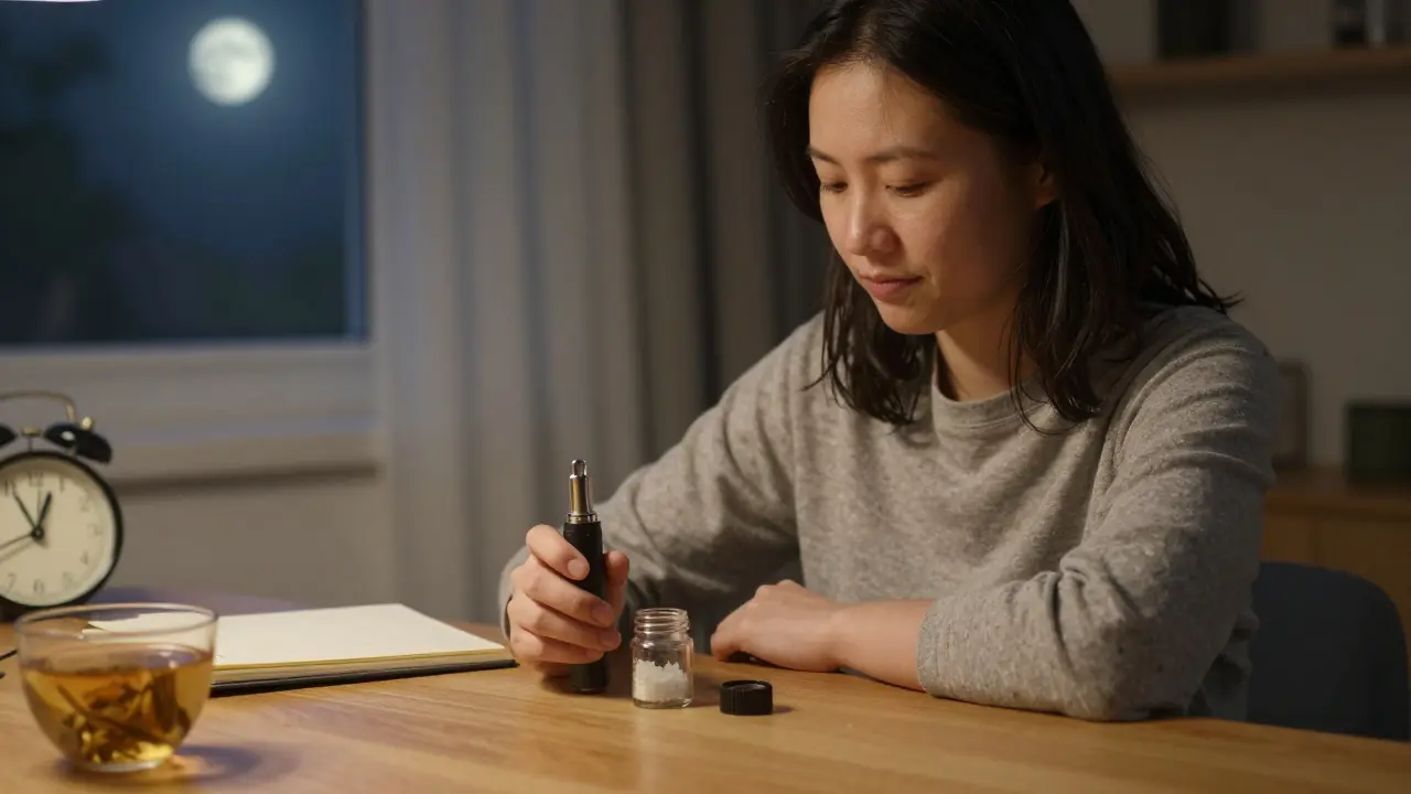 Erwachsene Person, die beruhigt ein CBD-Vape-Gerät nutzt, abends im gemütlichen Zimmer, Mondlicht durch Vorhänge, ruhige Atmosphäre.