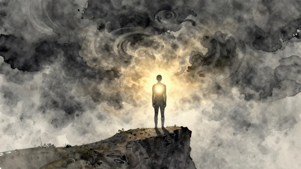 Figur an einem Sturzhang, Angst als dunkler Nebel löst sich in goldenes Licht auf.