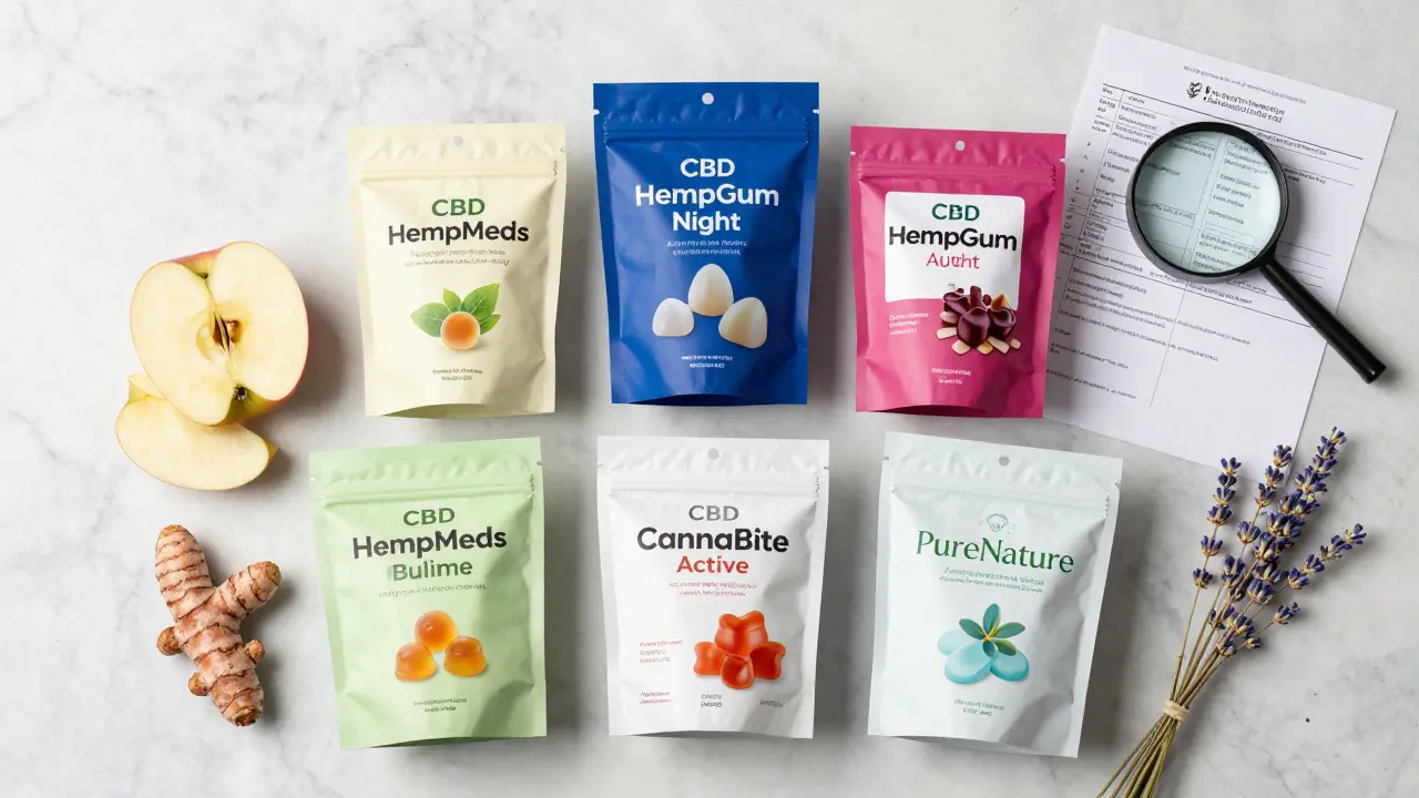 Fünf hochwertige CBD-Gummis auf Marmor mit natürlichen Zutaten und Laborberichten.