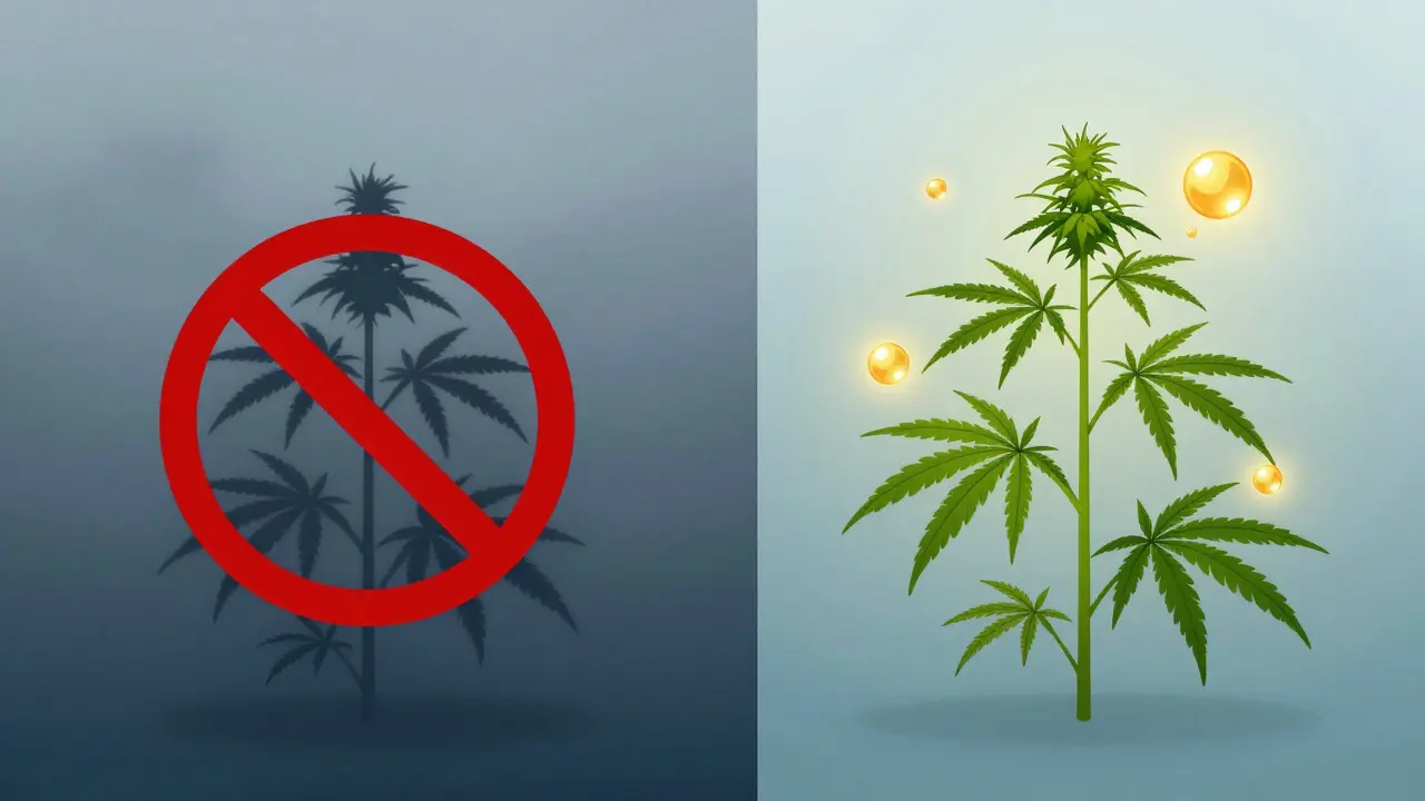 Gegenüberstellung von illegaler Marihuana-Pflanze und legaler Hanfpflanze mit CBD-Molekülen