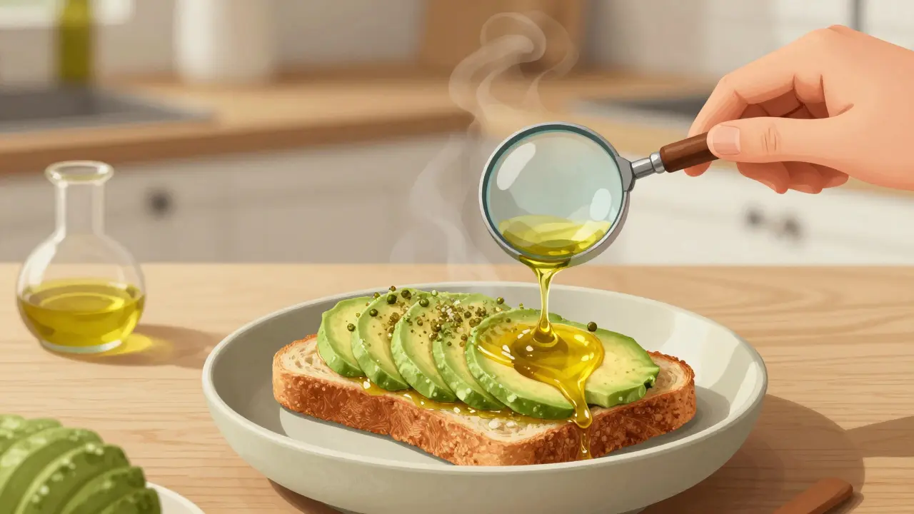 Geschmolzenes CBD-Shatter in Avocado-Toast mit Olivenöl, Dampf steigt auf