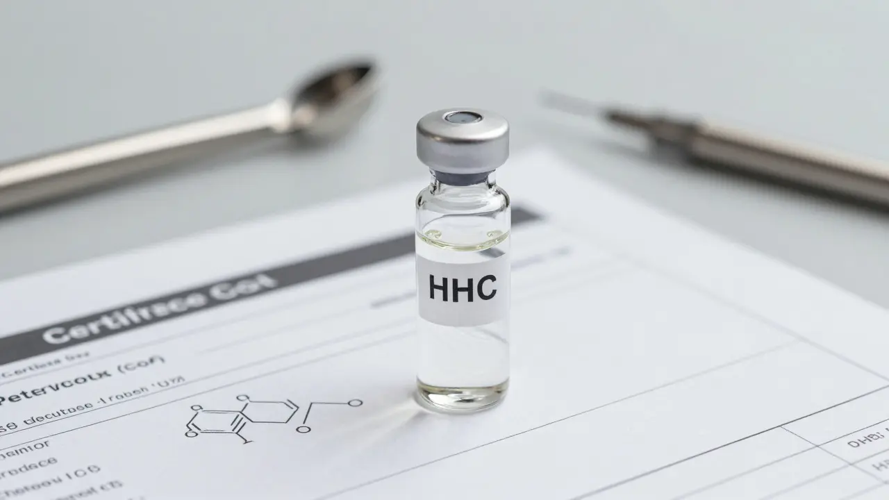 Gläserne Flasche mit HHC-Öl auf Labortisch neben Zertifikat, wissenschaftliche Umgebung, klare Details.