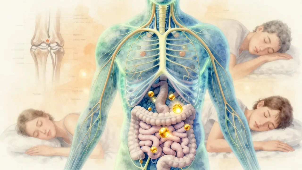 Glowendes Nervensystem mit CBD-Molekülen, die Entzündungen beruhigen.