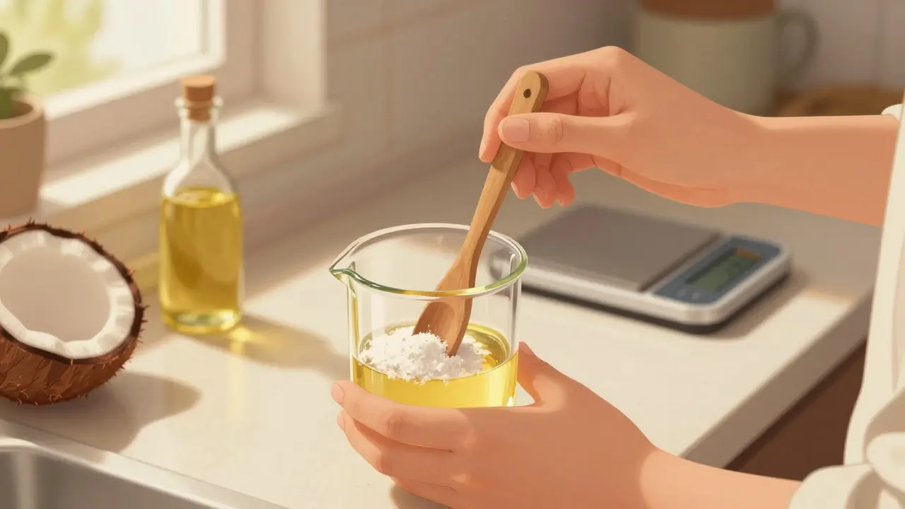 Jemand mischt CBD-Isolat mit MCT-Öl in einer Glasflasche