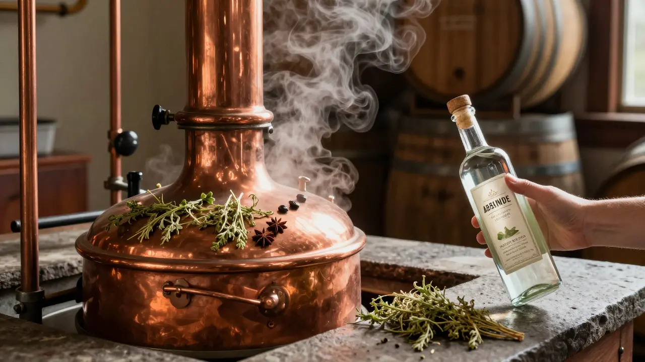 Kupferne Destillationsanlage in einer amerikanischen Brennerei, Kräuter wie Wermut und Anis, Dampf steigt auf, Hand hält Flasche.