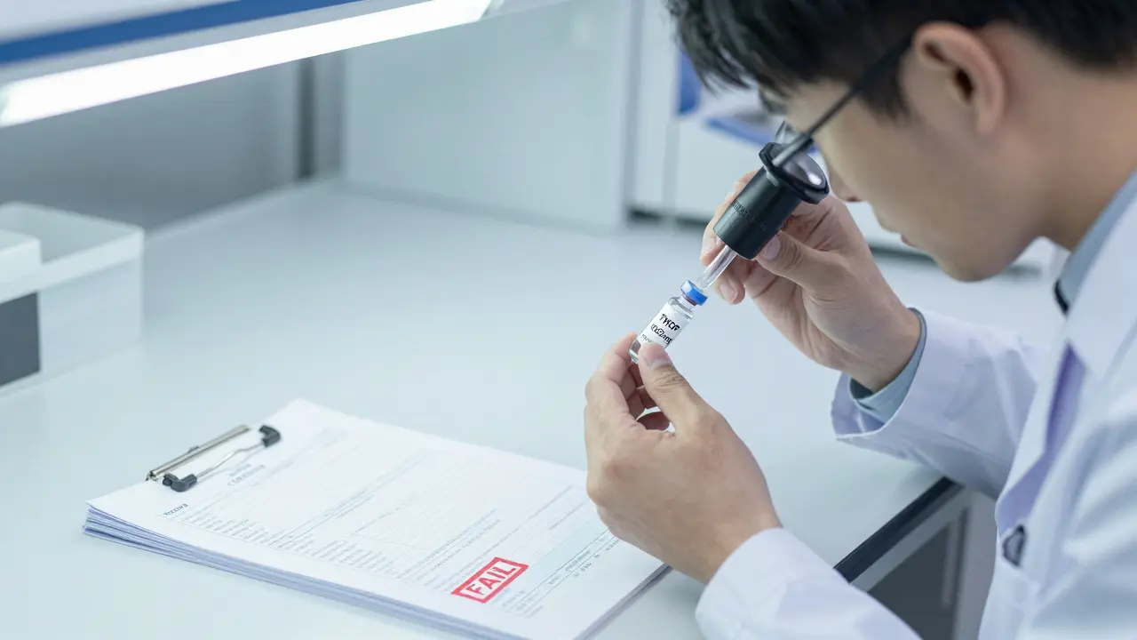 Laborant prüft eine winzige THCP-Probe mit einem Zertifikat, während andere Proben als fehlerhaft markiert sind.