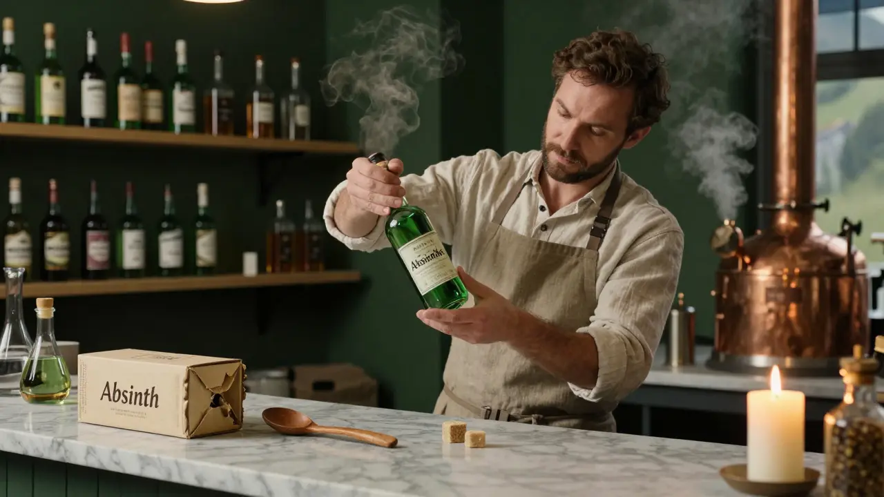 Meister destilliert Absinthe in einer Schweizer Brennerei, während eine falsch beschriftete Flasche im Müll liegt.