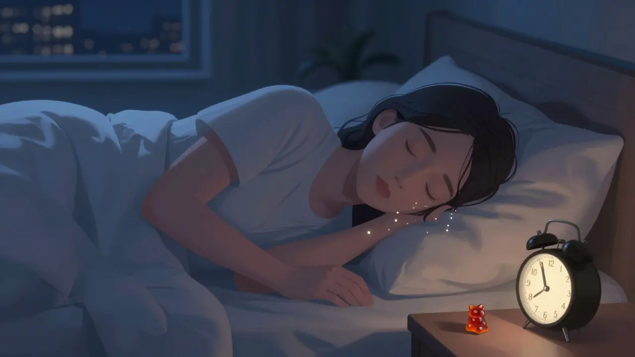 Mensch liegt im Bett, entspannt, CBD-Gummibärchen auf Nachttisch, nächtliche Ruhe und Schlafbereitschaft.