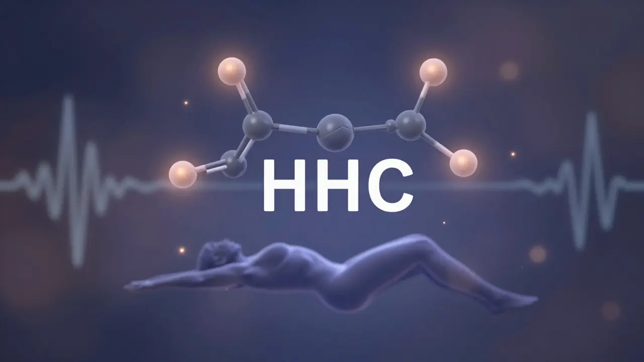 Molekülstruktur von HHC schwebt über einem entspannten Menschen, sanfte Wellen symbolisieren beruhigte Nervenaktivität.