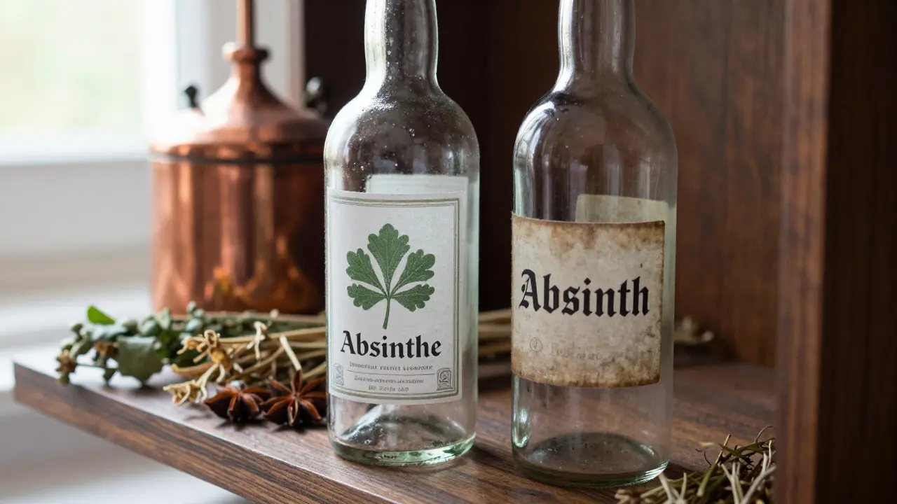 Nahaufnahme zweier Spirituosenflaschen, eine mit korrektem Label 'Absinthe', die andere mit veralteter Schreibweise 'Absinth'.