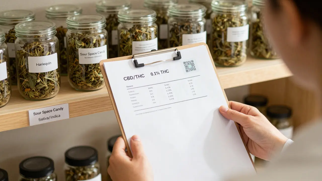Person hält Laborbericht mit CBD-Werten in einem Kräuterladen, QR-Code sichtbar.