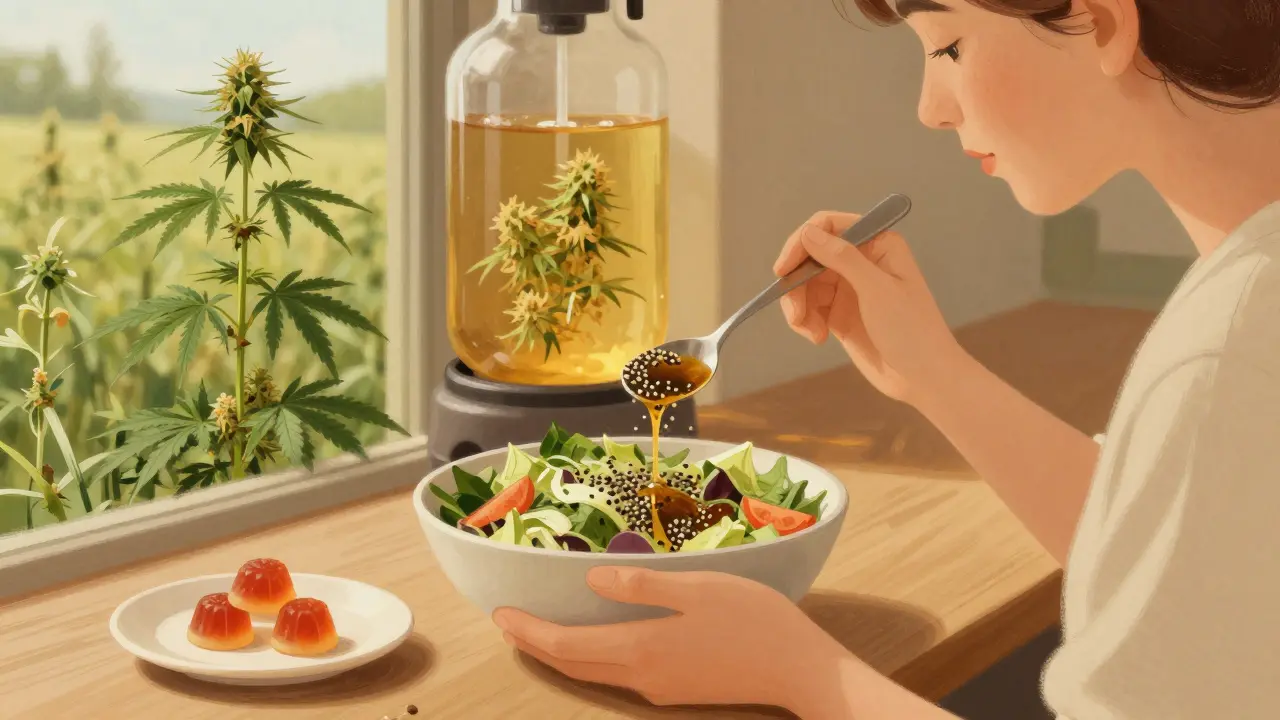 Person isst Salat mit Hanfsamen, daneben liegt ein CBD-Gummibärchen.