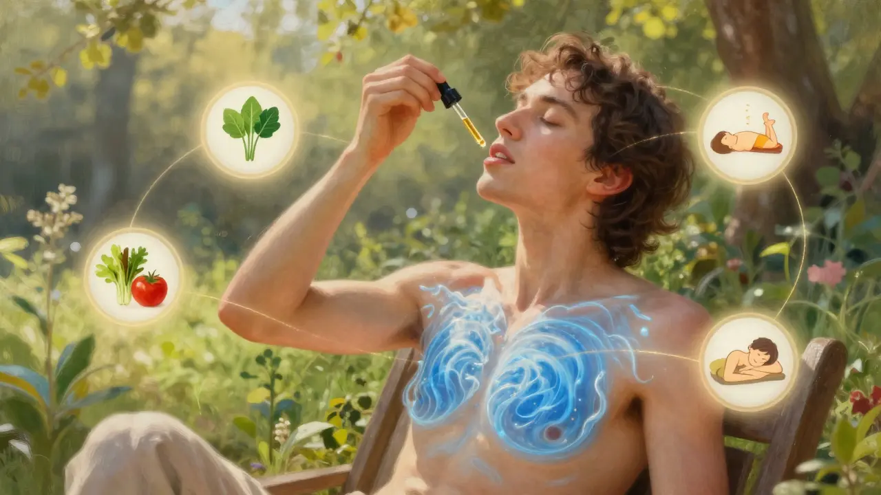 Person nimmt CBD-Öl ein, während sich Blutgefäße entspannen, umgeben von gesunden Lebensstil-Symbolen.