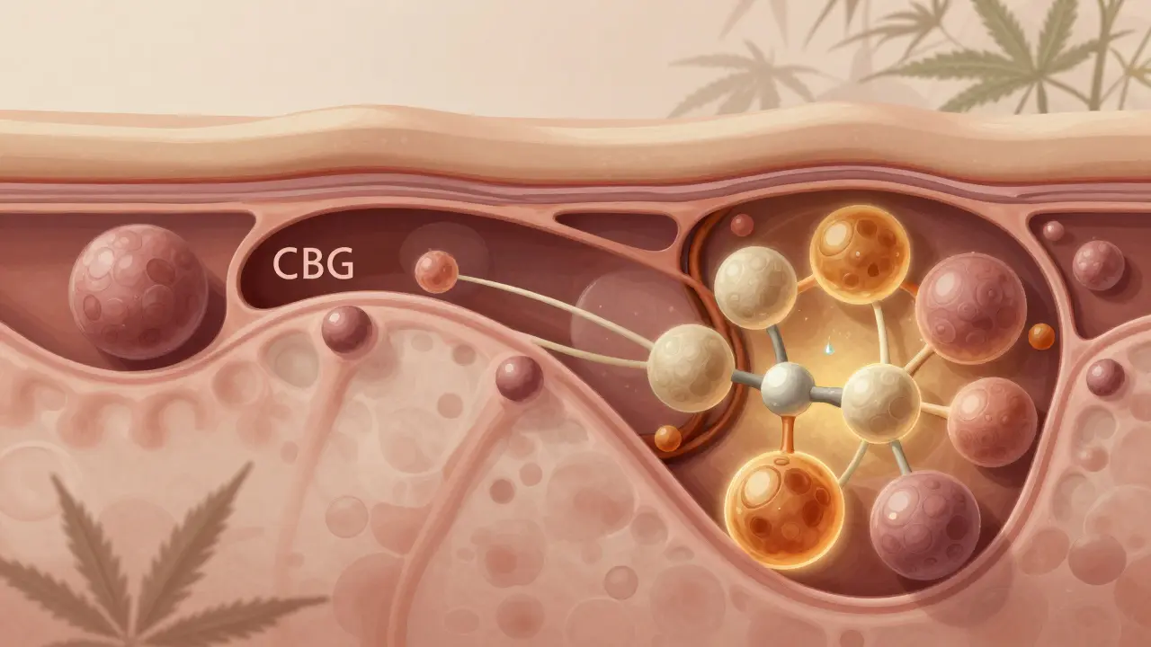 Querschnitt der Haut mit CBG-Molekülen, die Talgdrüsen und Entzündungen regulieren, wissenschaftliche Darstellung