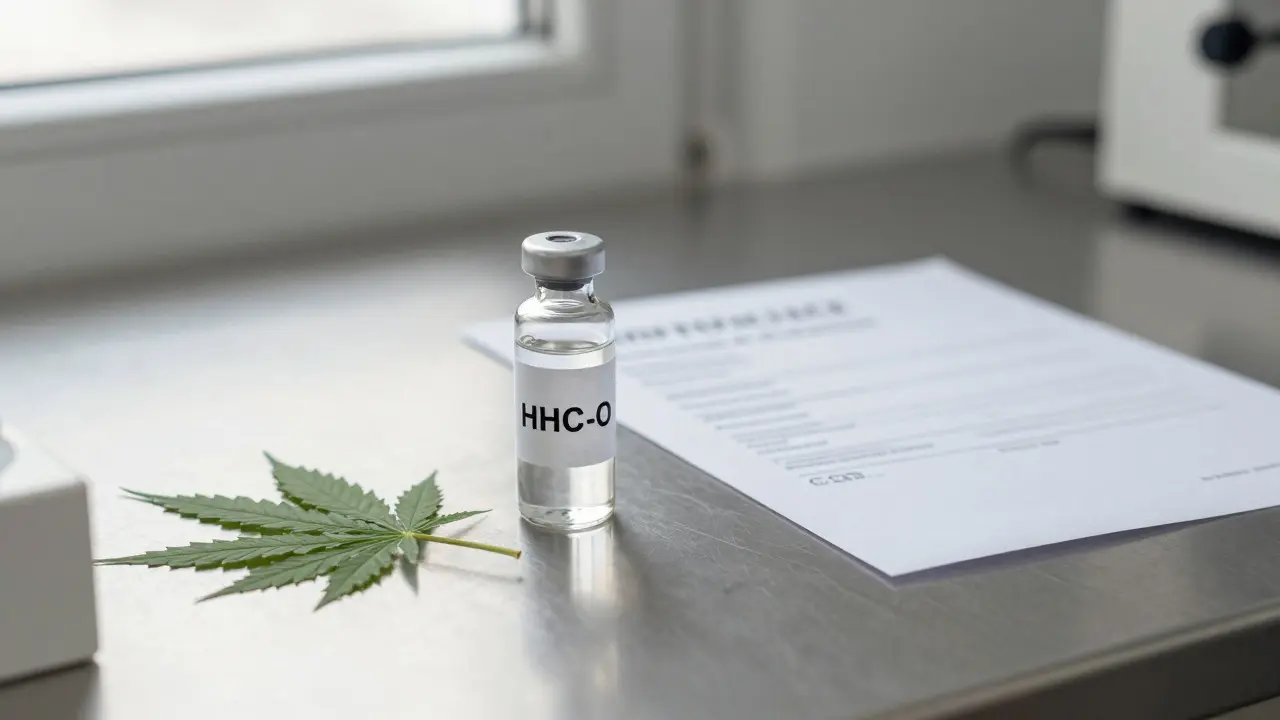 Reines HHC-O-Glasfläschchen mit Analysezertifikat auf einem laborähnlichen Tisch, minimalistisch und sachlich.