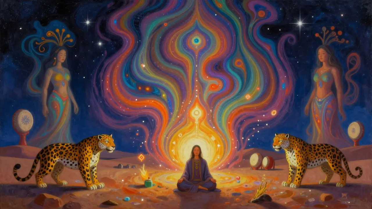 Surreal vision of ancestral spirits and colors during a peyote ritual