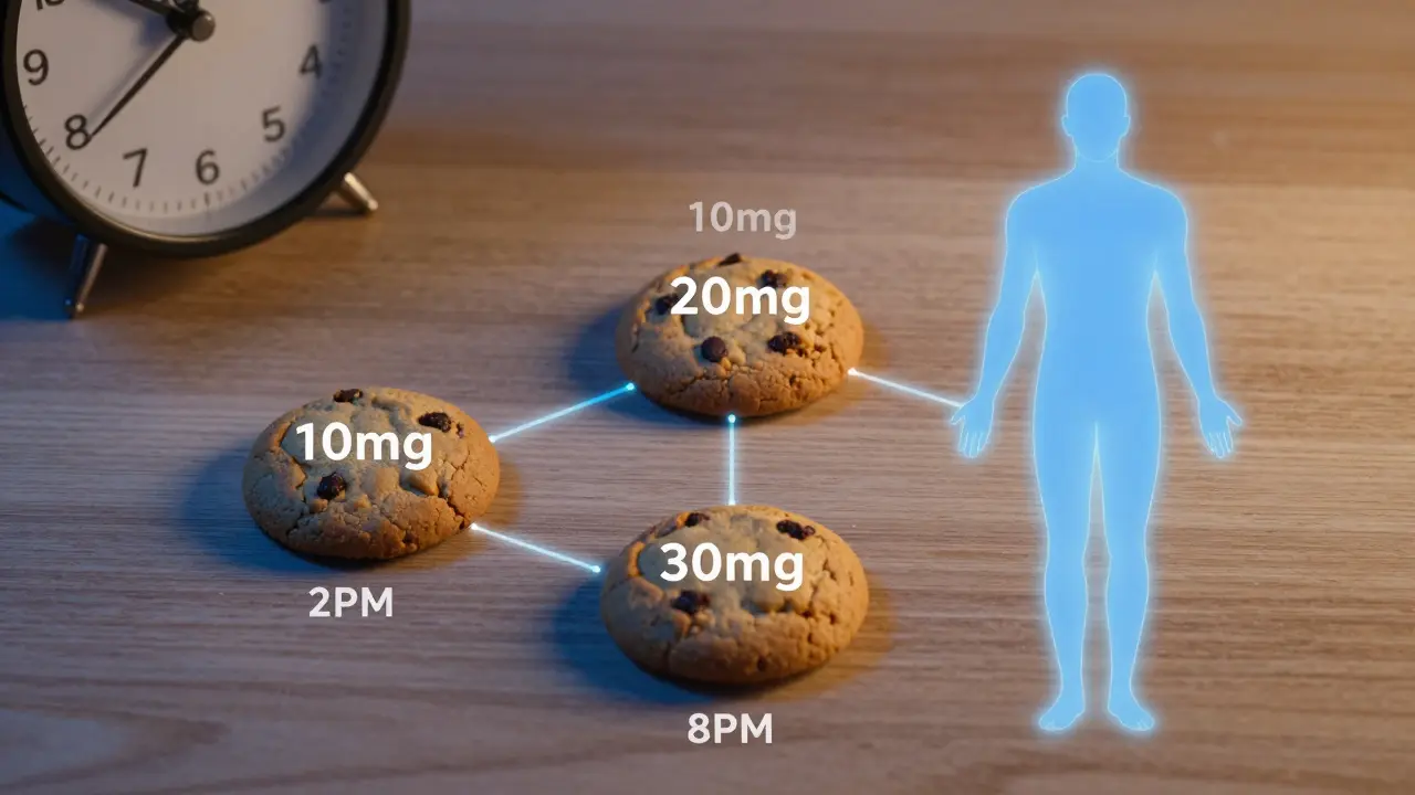 Three CBD cookies labeled with different doses and times of day.