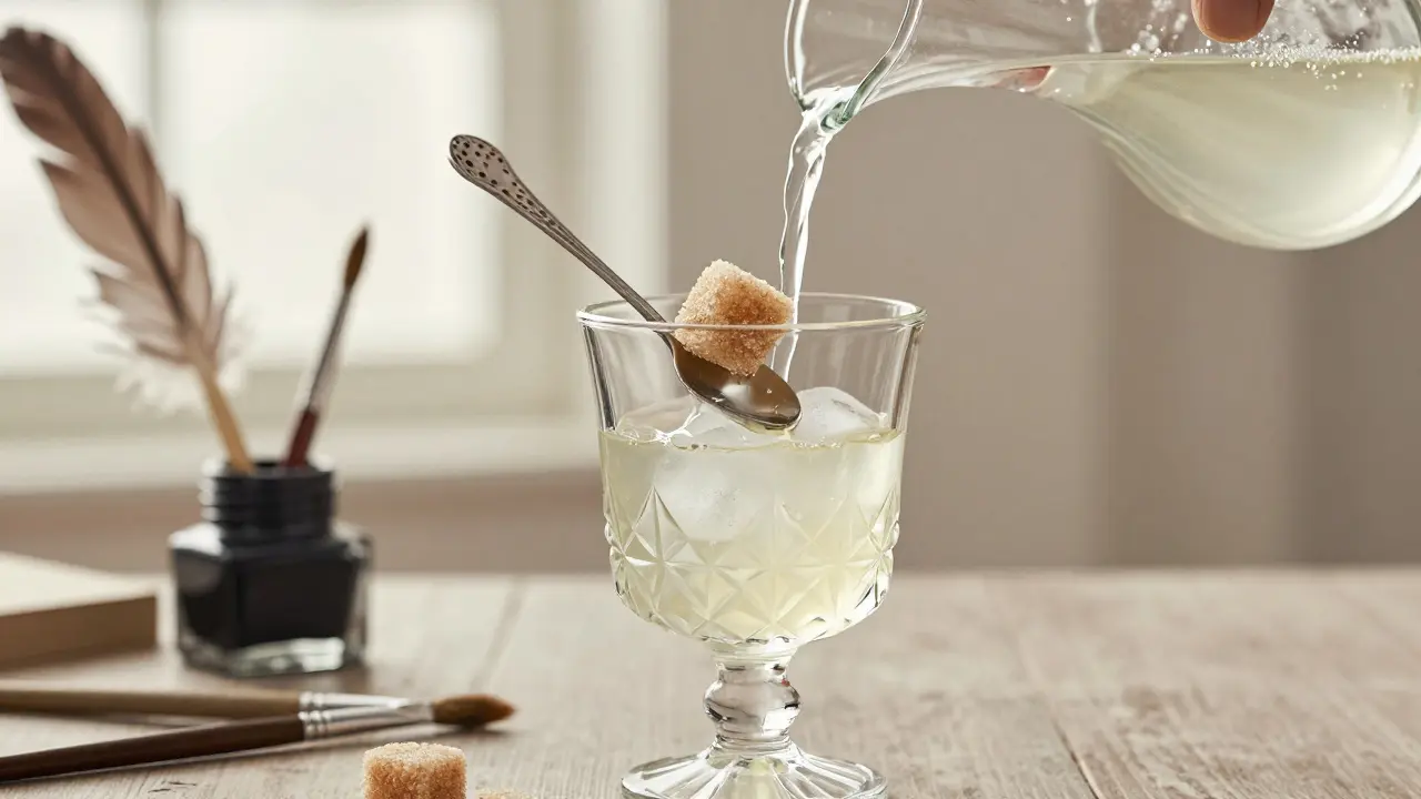 Traditionelle Absinth-Zubereitung: Glas mit klarem Likör, Löffel mit Zucker, Wasser tropft – Flüssigkeit wird milchig-trüb, kein Feuer.