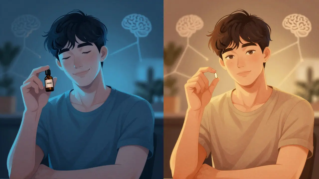 Vergleich: Eine Person mit CBD links und HHC rechts, unterschiedliche Lichtstimmungen und Körperhaltung.