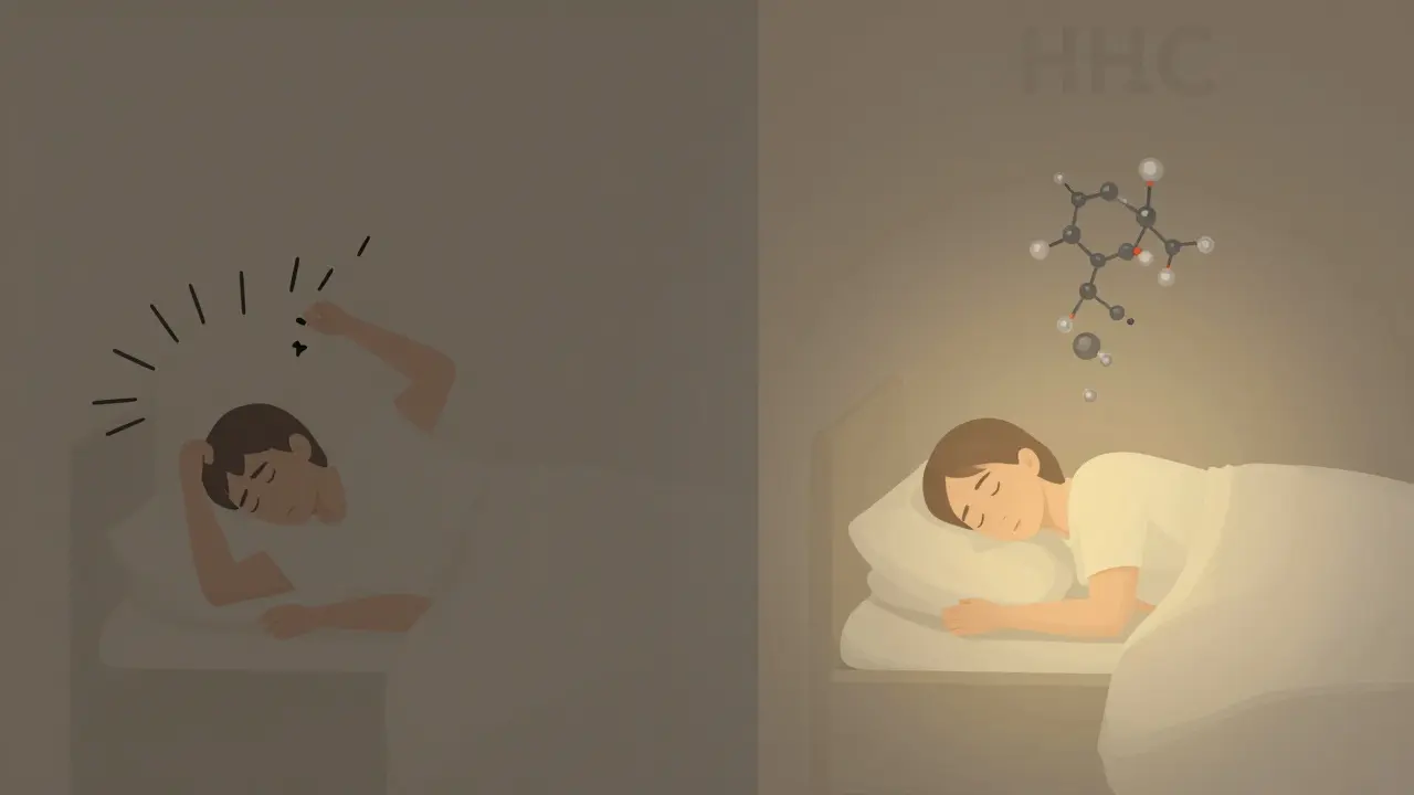 Vergleich: gestresste Person im Bett links, friedlich schlafende Person rechts mit goldenem Licht der Entspannung.