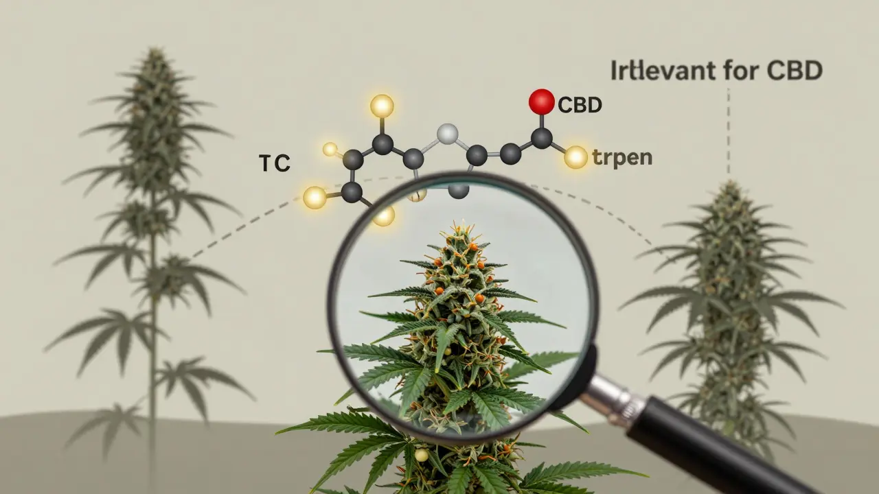 Vergrößerte Darstellung von CBD-Molekülen über einer Cannabis-Pflanze mit Sativa- und Indica-Silhouetten.
