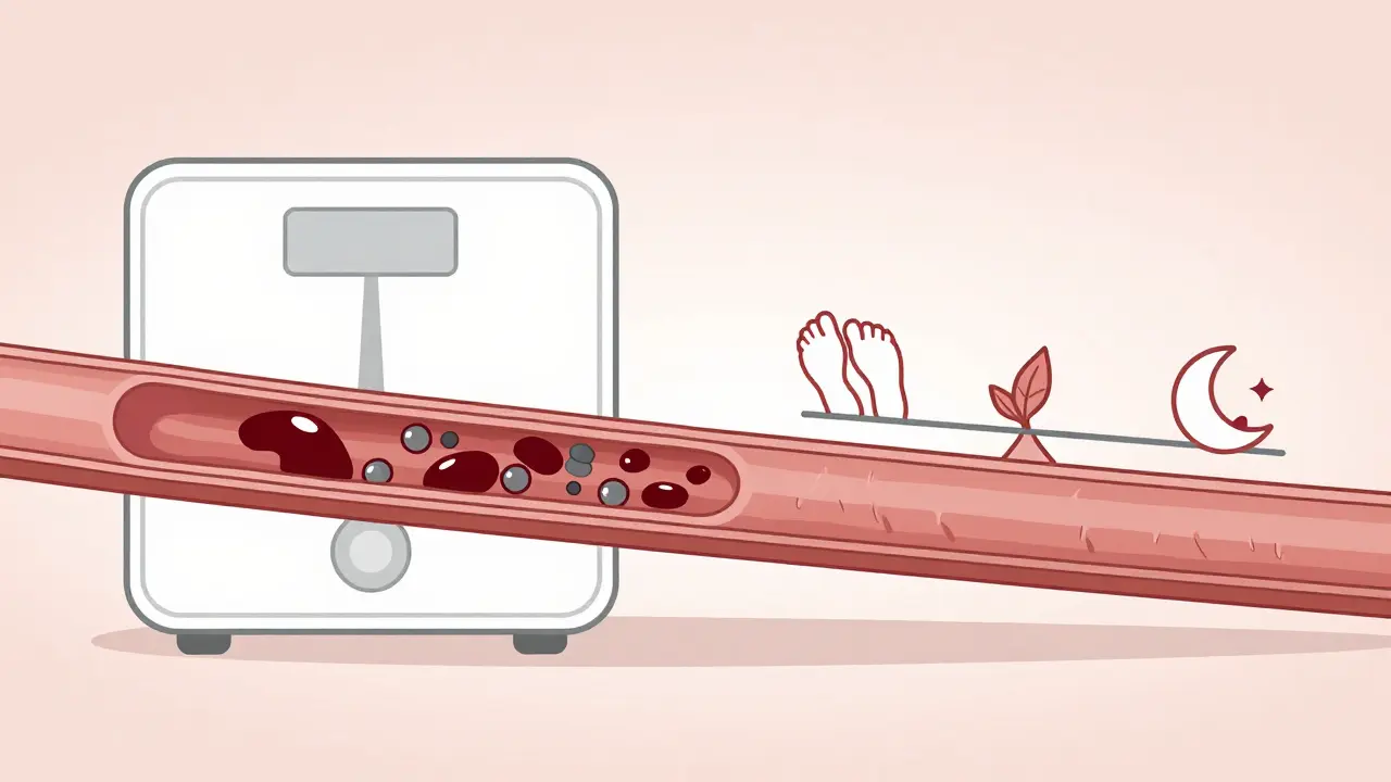 Waage mit verstopfter Arterie auf einer Seite und gesunder Arterie mit CBD und Lebensstil-Symbolen auf der anderen.