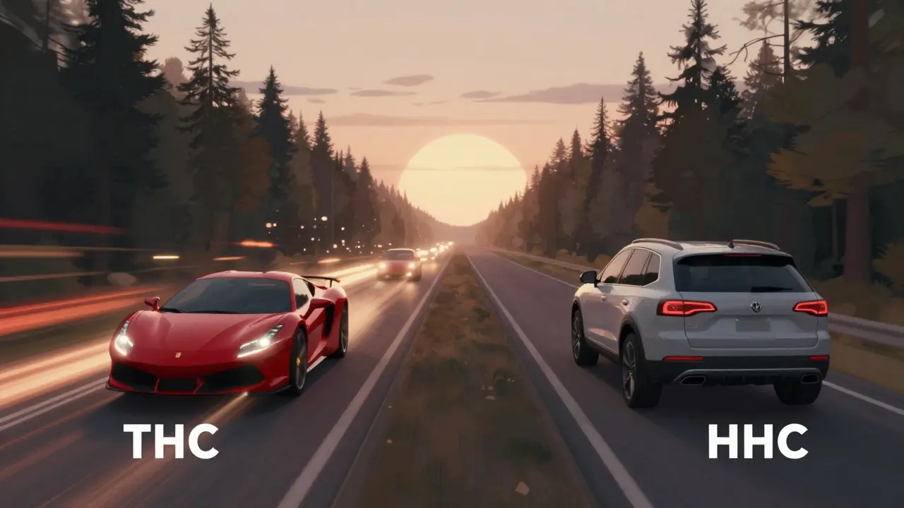 Zwei Wege: schneller Sportwagen (THC) und ruhiger SUV (HHC) führen durch unterschiedliche Landschaften.