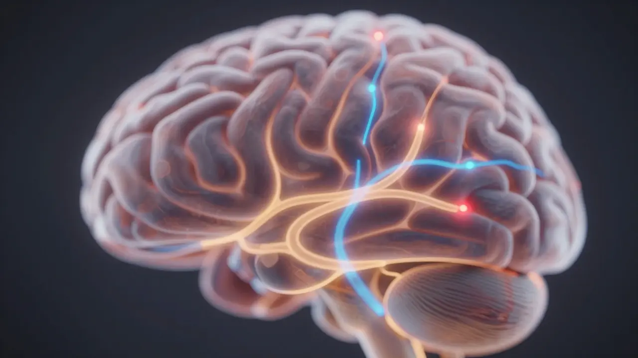 Abstrakte Darstellung eines Gehirns mit sanft leuchtenden Nervenwegen, die CBD-Wirkung zeigen.