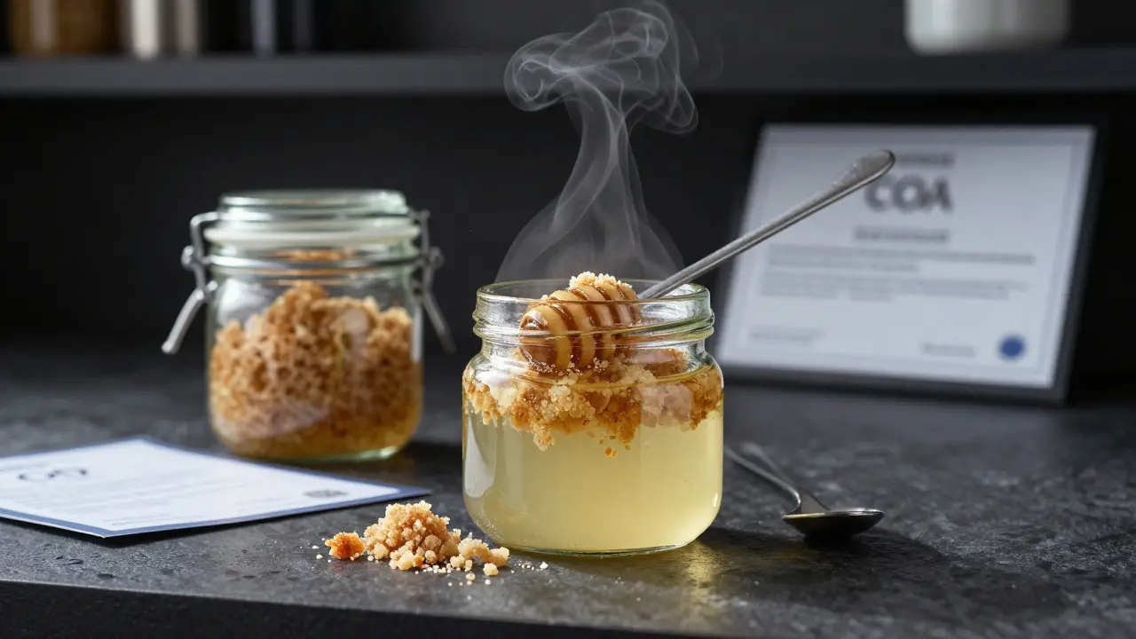 CBD-Crumble in Kokosöl und Honig gemischt, in einem verschlossenen Glas gespeichert