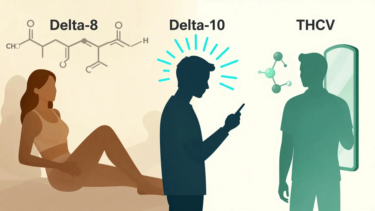 Drei menschliche Silhouetten, die die unterschiedlichen Wirkungen von Delta-8, Delta-10 und THCV visualisieren.