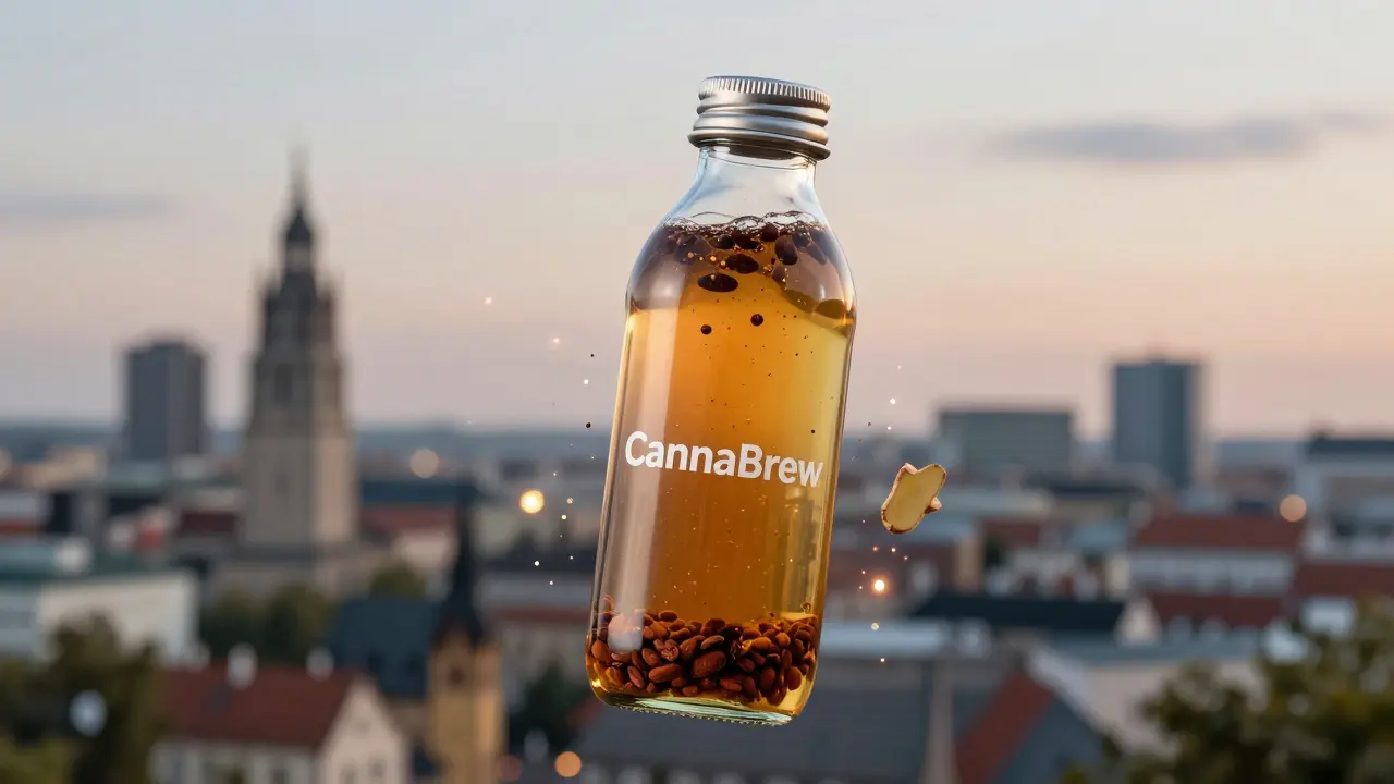 Ein durchscheinendes Cannabis-Energiegetränk mit Kokosöl und Ingwerpartikeln in einem sanft leuchtenden Halo.