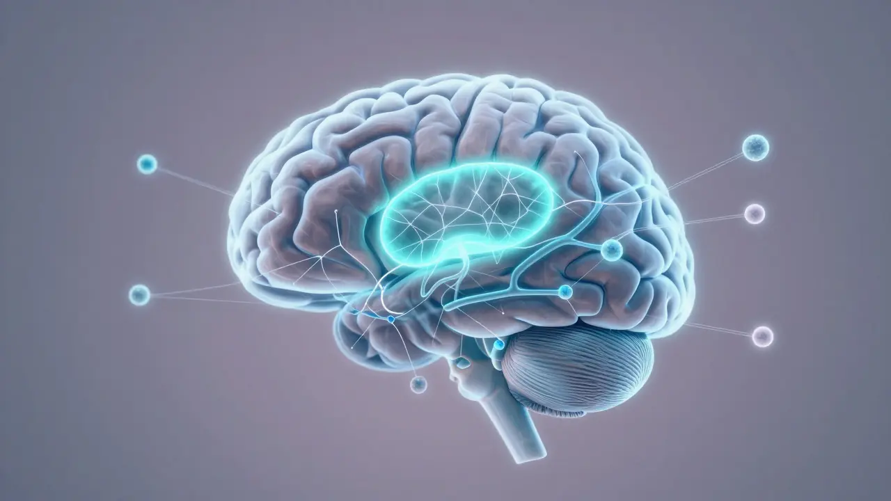 Ein menschliches Gehirn mit leuchtenden Nervenbahnen und CBD-Molekülen, die die Angstregion sanft modulieren.