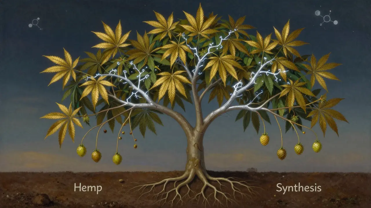 Ein symbolischer Baum mit drei Ästen, die die Wirkungen von Delta-8, Delta-10 und THCV darstellen.